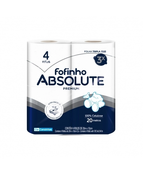 PAPEL HIGIÊNICO FOFINHO ABSOLUTE PREMIUM FOLHA TRIPLA C/4ROLOS - FDC/96ROLO - CIA CANOINHAS