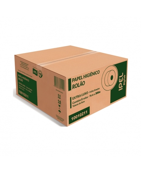 PAPEL HIGIÊNICO ROLÃO BIGTUB EXTRA LUXO 100% CELULOSE FOLHA SIMPLES 8X300M